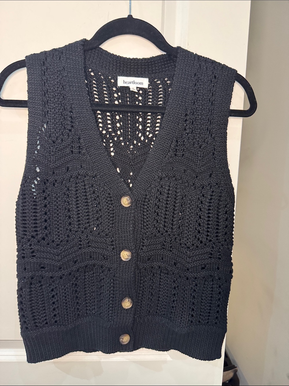 Heartloom Black Crochet Knit V-Neck Button Front Sweater Vest